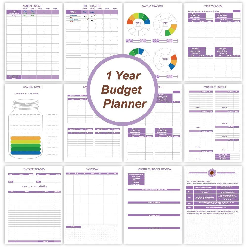 Purple coil-bound budget notebook with daolin paper pages, pen, stickers, and paper clips for financial planning