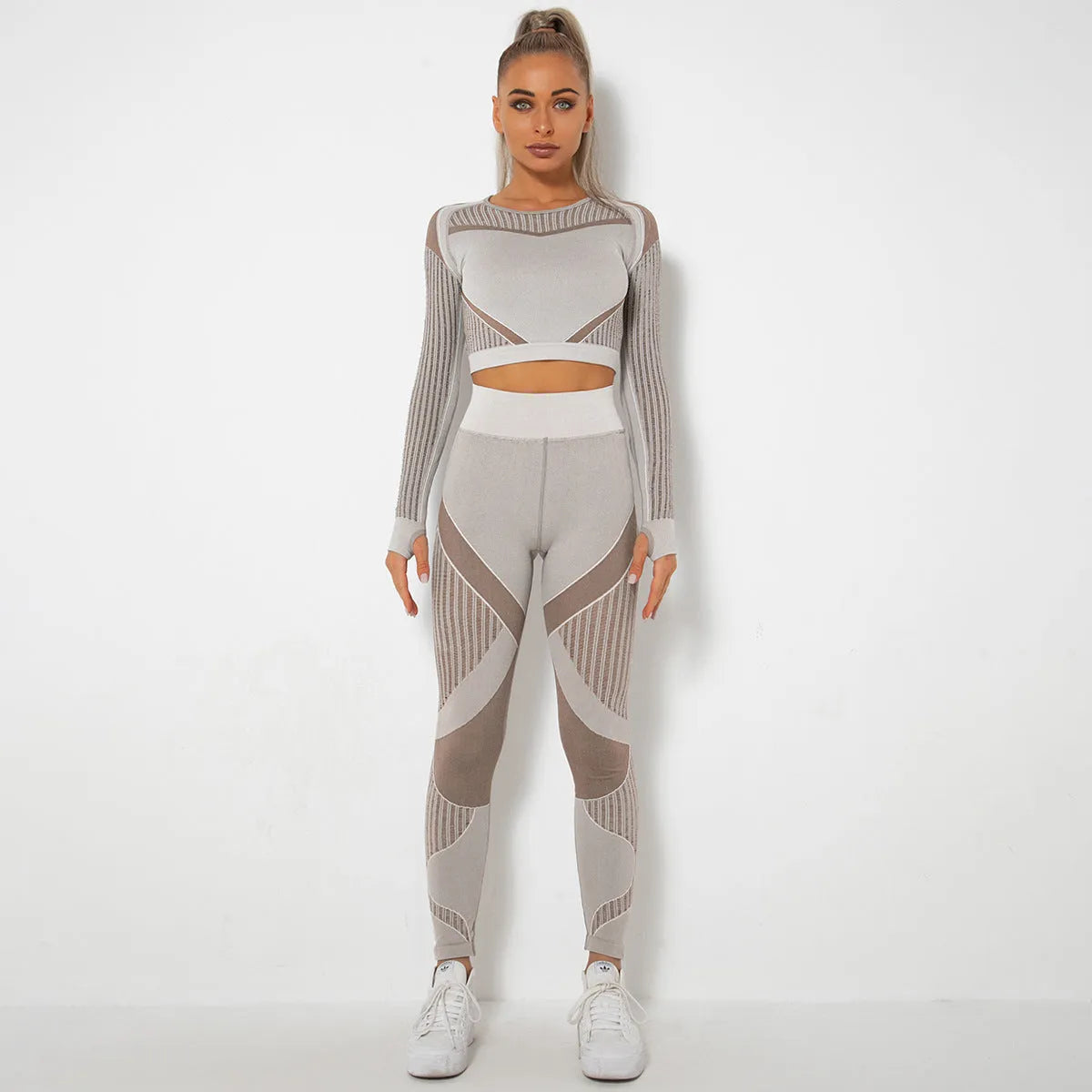 Women's seamless knitted long-sleeved yoga suit in multiple colour options.