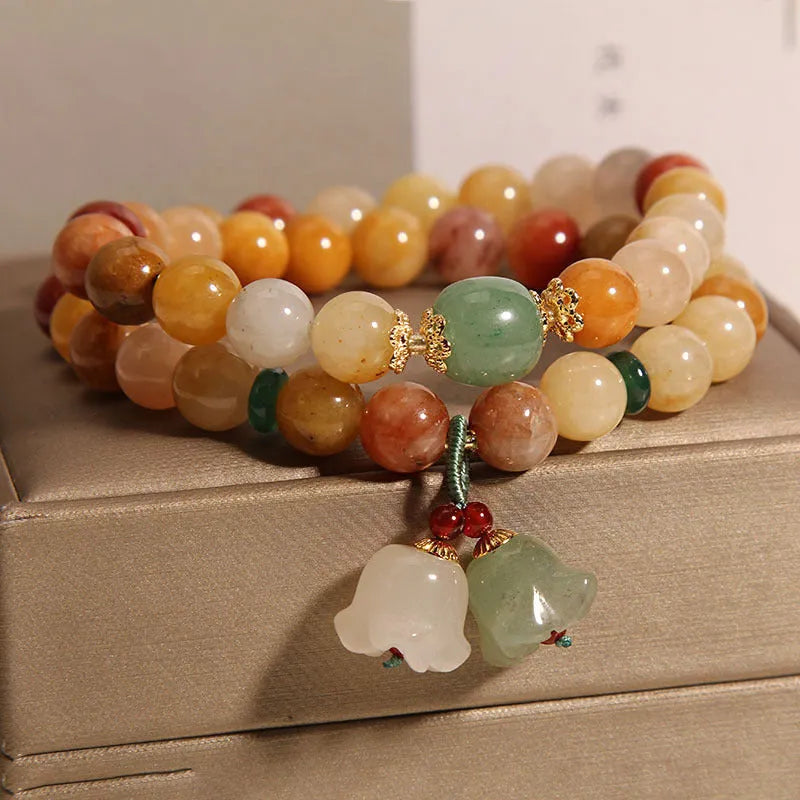 Natural jinsi jade multi-layer bracelet for women with orchid pendant charm on adjustable strands