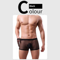 Men's low-waist mesh boxer briefs in six colours: black, white, green, sapphire blue, pink, and skin colour.