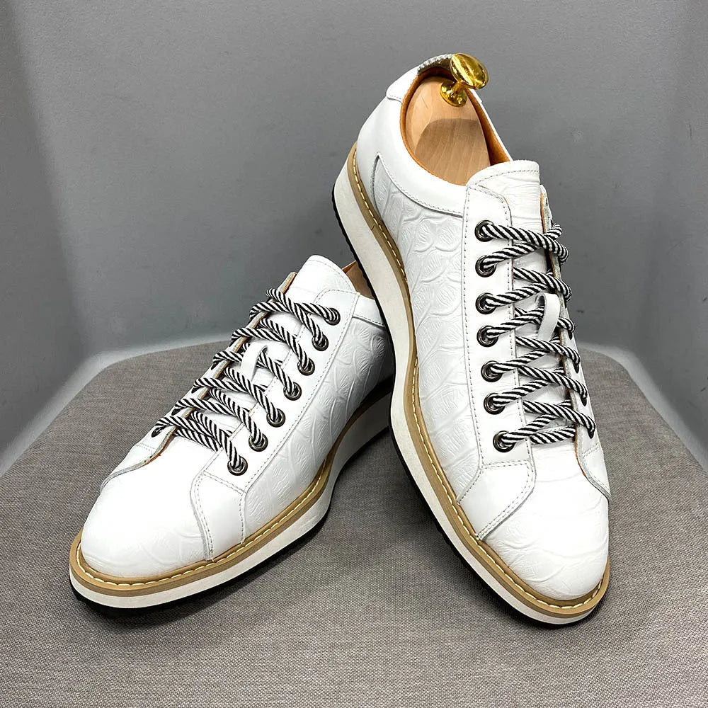 Men's handmade embossed pattern low-top casual shoes in green with front tie laces.
