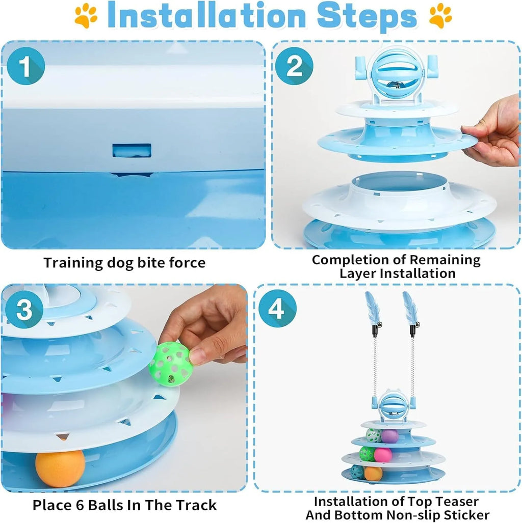 Blue 4-tier interactive cat carousel toy with coloured balls and teasing rods