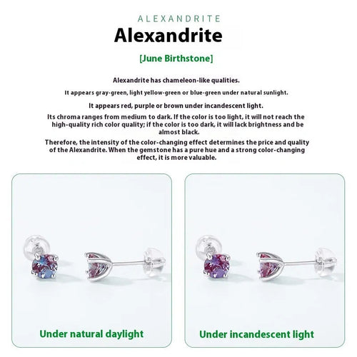 Simple geometric round ear studs with cultivated alexandrite stones in 925 silver setting