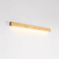 Walnut coloured linear wood and acrylic LED strip wall lamp mounted on a wall.