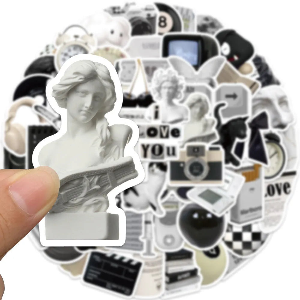 61 black and white simple design PVC waterproof stickers for laptops and phones.