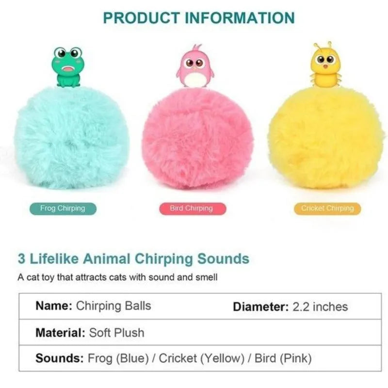 Interactive cat toy ball in blue, pink, and yellow colours with 55mm diameter for animal sound stimulation
