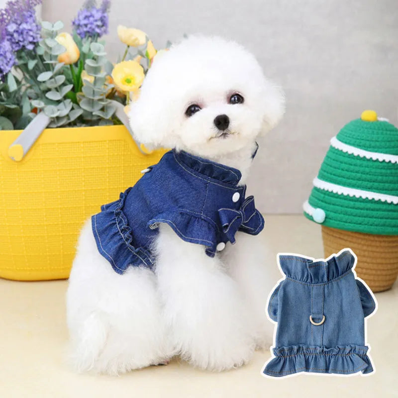 Blue denim dog dress vest with ruffles and a metal leash hook on the back for small dogs.