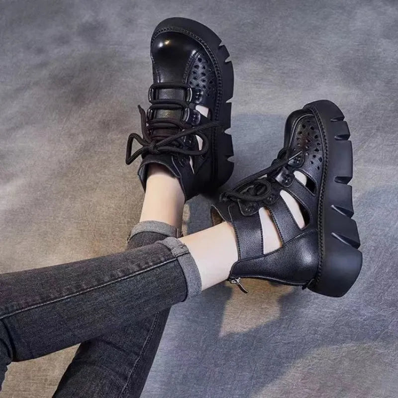 Women's black platform sandals with hollow hole design in soft cowhide leather with PU sole