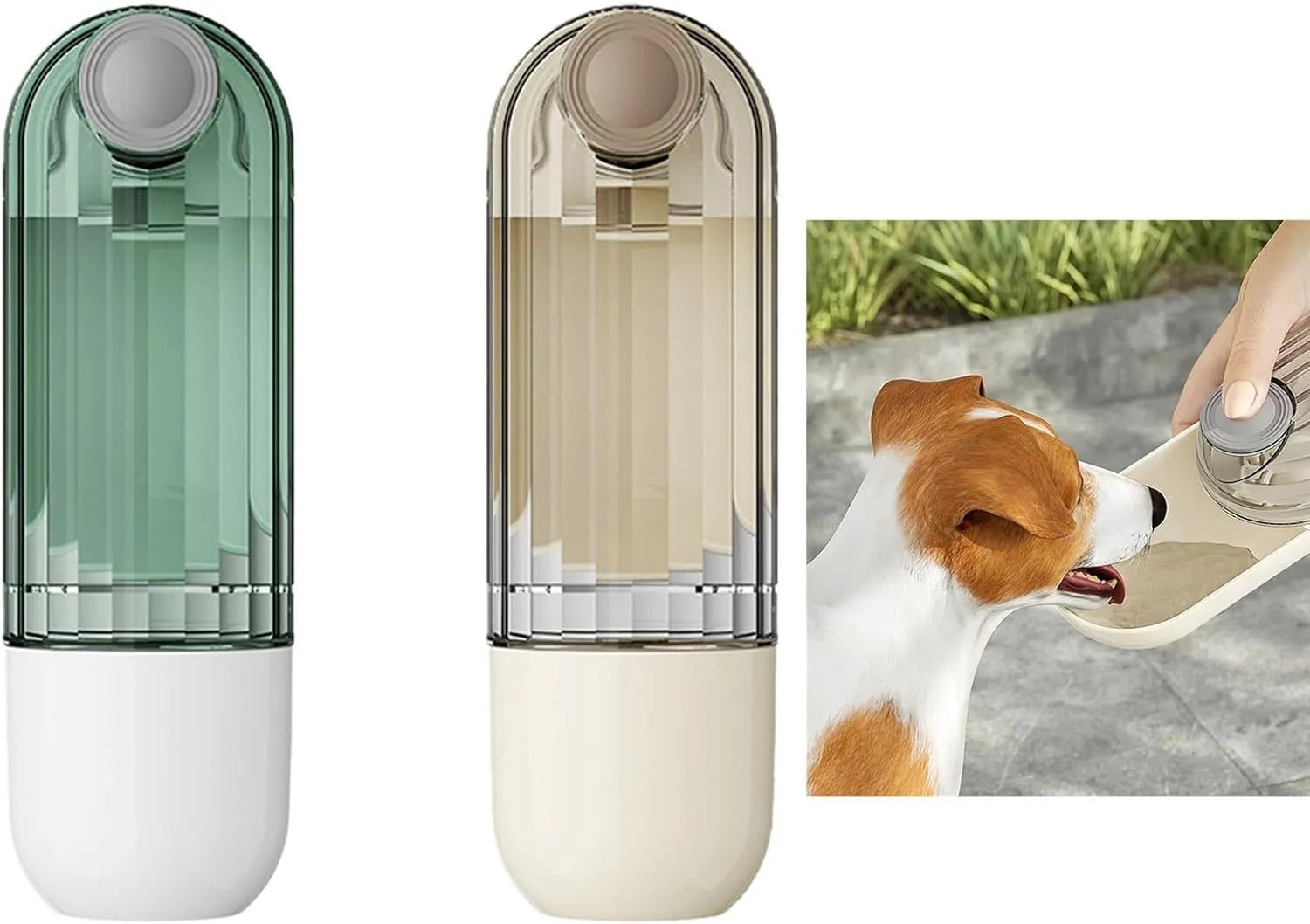Beige foldable dog water bottle with food container, showing dispenser tray and compact size.