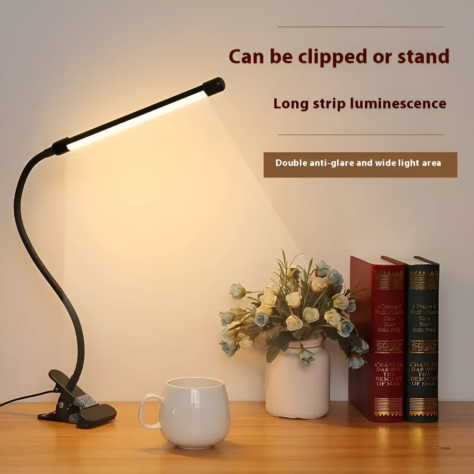 Black and white 26cm USB-powered LED desk lamp for study with eye protection.