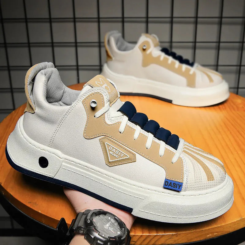 Men's beige low-top casual sneakers with an elastic band fastener and round toe.