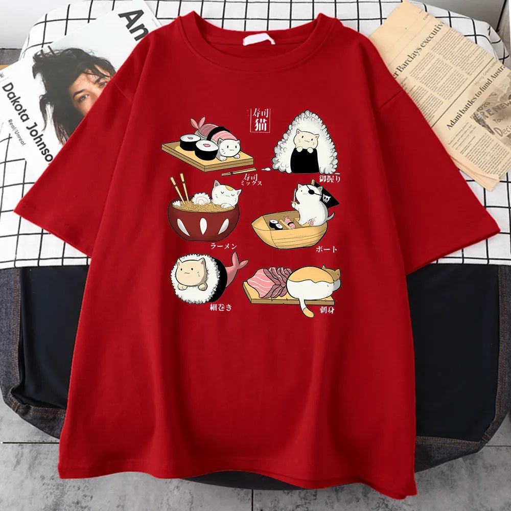Men's black cotton t-shirt with sushi cartoon cat print design, short sleeves, loose fit