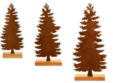 Set of three rusty metal Christmas tree ornaments with elk designs on a rustic background.