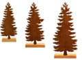 Set of three rusty metal Christmas tree ornaments with elk designs on a rustic background.