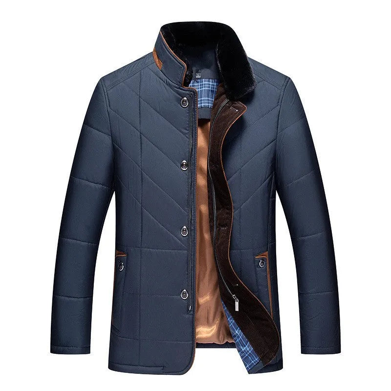 Men's winter padded coat in polyester with cotton filler and side seam pockets
