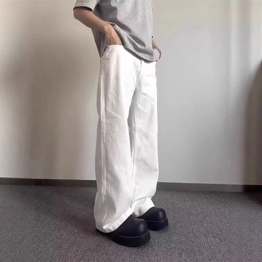 Men's white straight leg wide jeans with American high street styling