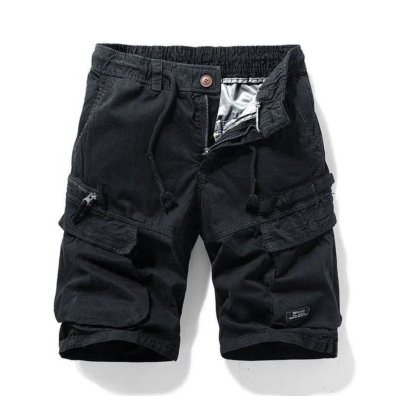 Men's army green cotton shorts with zip and multiple pockets, knee-length Korean style.