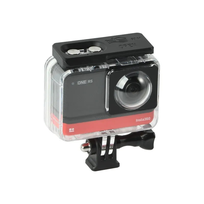 Transparent Insta360 One RS waterproof case measuring 9cm by 8cm by 4.5cm