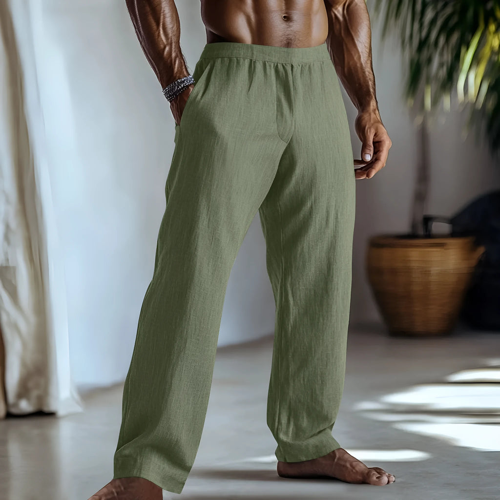 Men's straight-leg casual trousers in a cotton linen blend, shown in a solid colour with side pockets visible.
