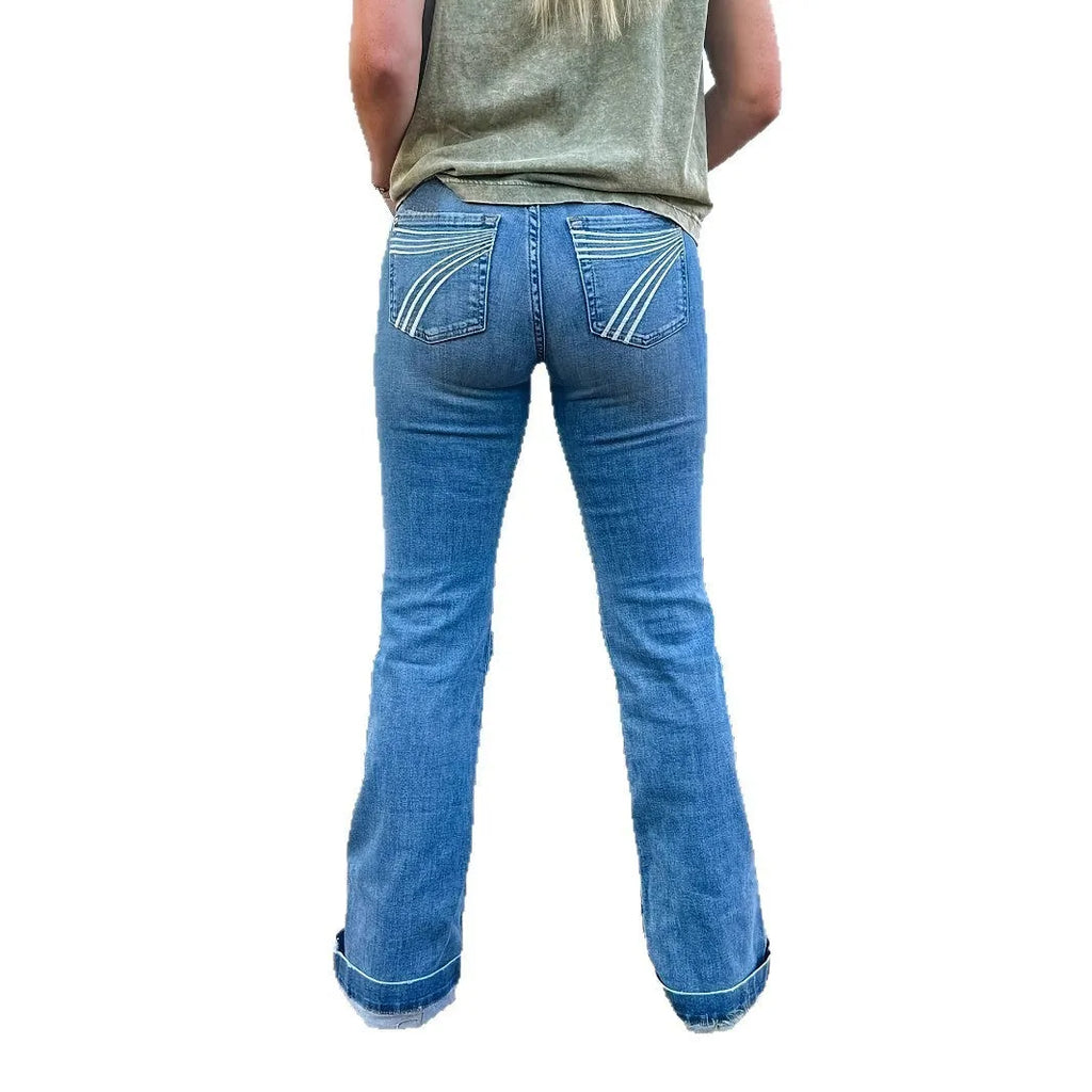 Slim fit elastic mid-waist jeans with slight flare and embroidery details in blue, red, or white colour options