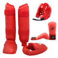 Karate protective gear set with red boxing gloves, leg guards and helmet for martial arts training