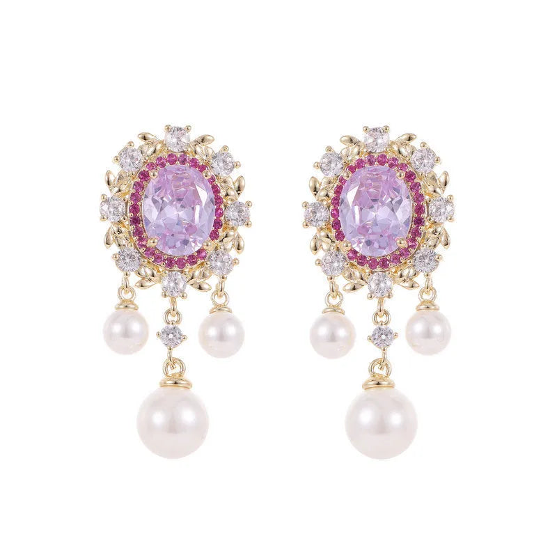 Oval geometric copper earrings with zircon inlay and pearl tassels in light purple colour