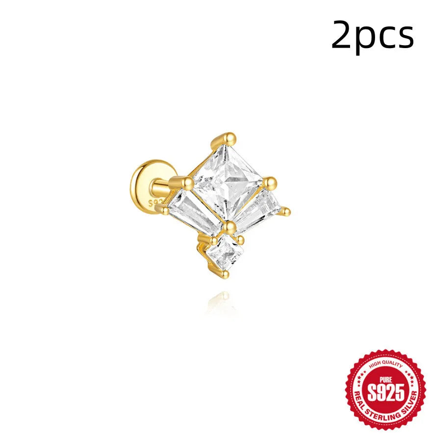 S925 sterling silver zircon stud earrings in golden geometric designs including clover, crown and chain styles