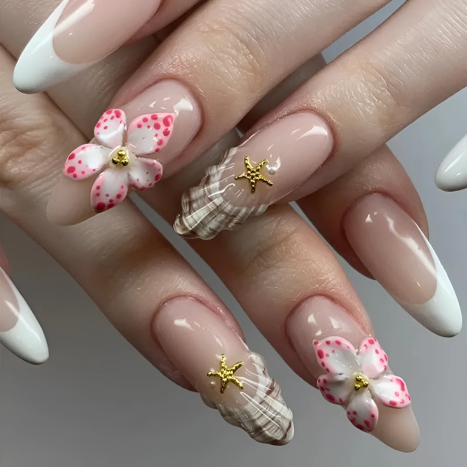 French style plastic fake nails with simple flower rock pattern design in colour W1764