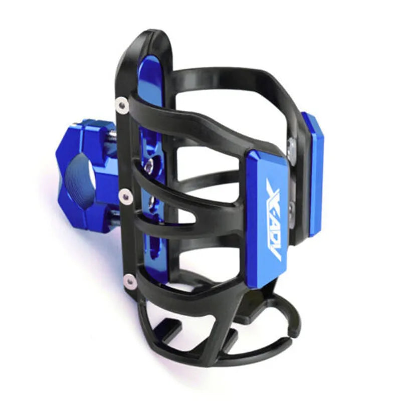 Modified black water bottle cage mounted on a Honda X-ADV scooter bumper