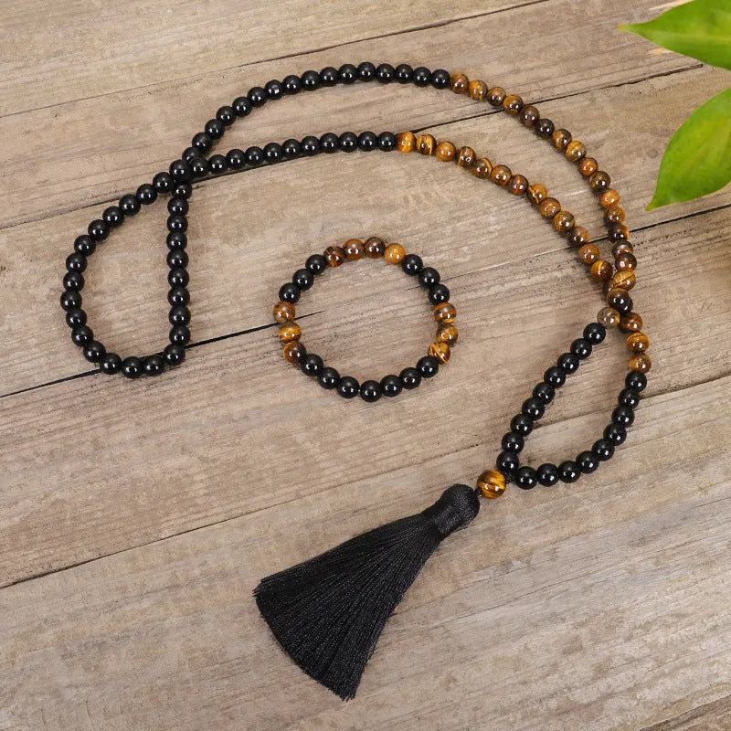 Tiger eye stone tassel pendant on ball bead chain necklace with 81cm length