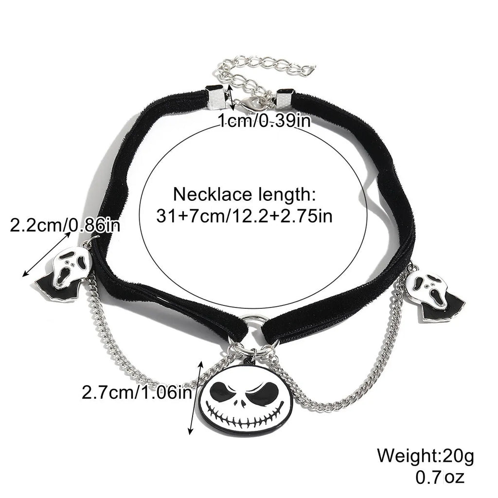 Halloween necklace with bat, ghost and skull pendants on bamboo chain