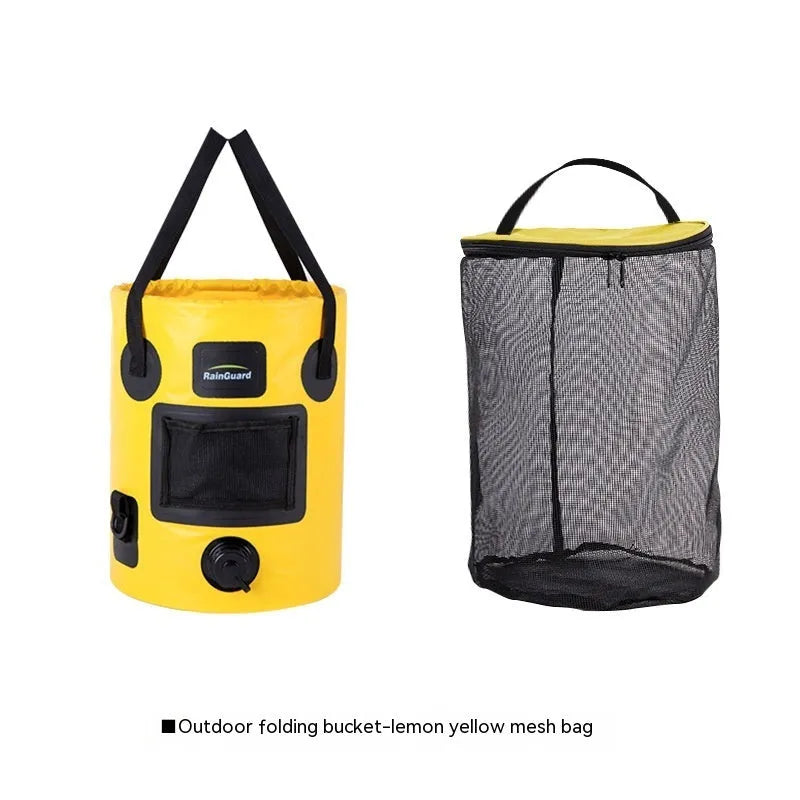 Plastic folding fishing bucket showing collapsible design and colour options with optional net pocket