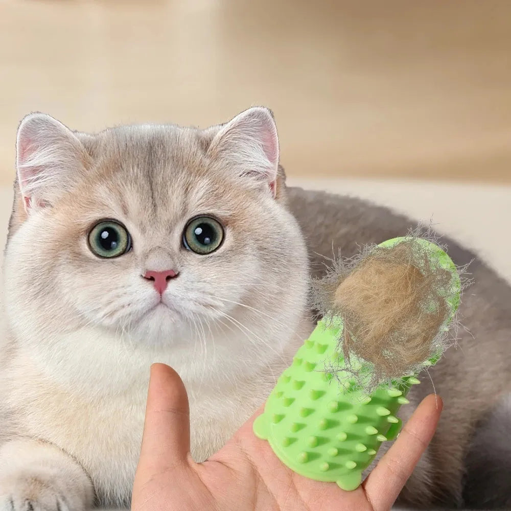 Silicone cat grooming comb with adjustable strap mounted on a table leg, shown in green colour.