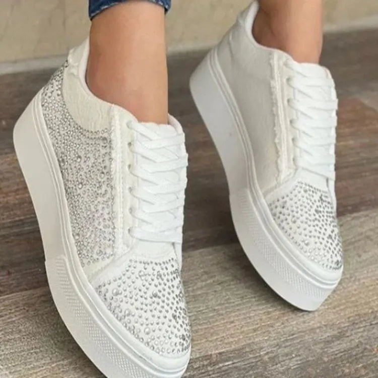 Plus size women's black lace-up casual shoes with rhinestone decoration and a thick rubber sole.
