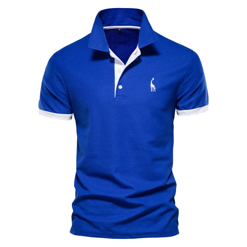 Close-up of a men's slim-fit t-shirt with a detailed embroidered deer design on the chest.
