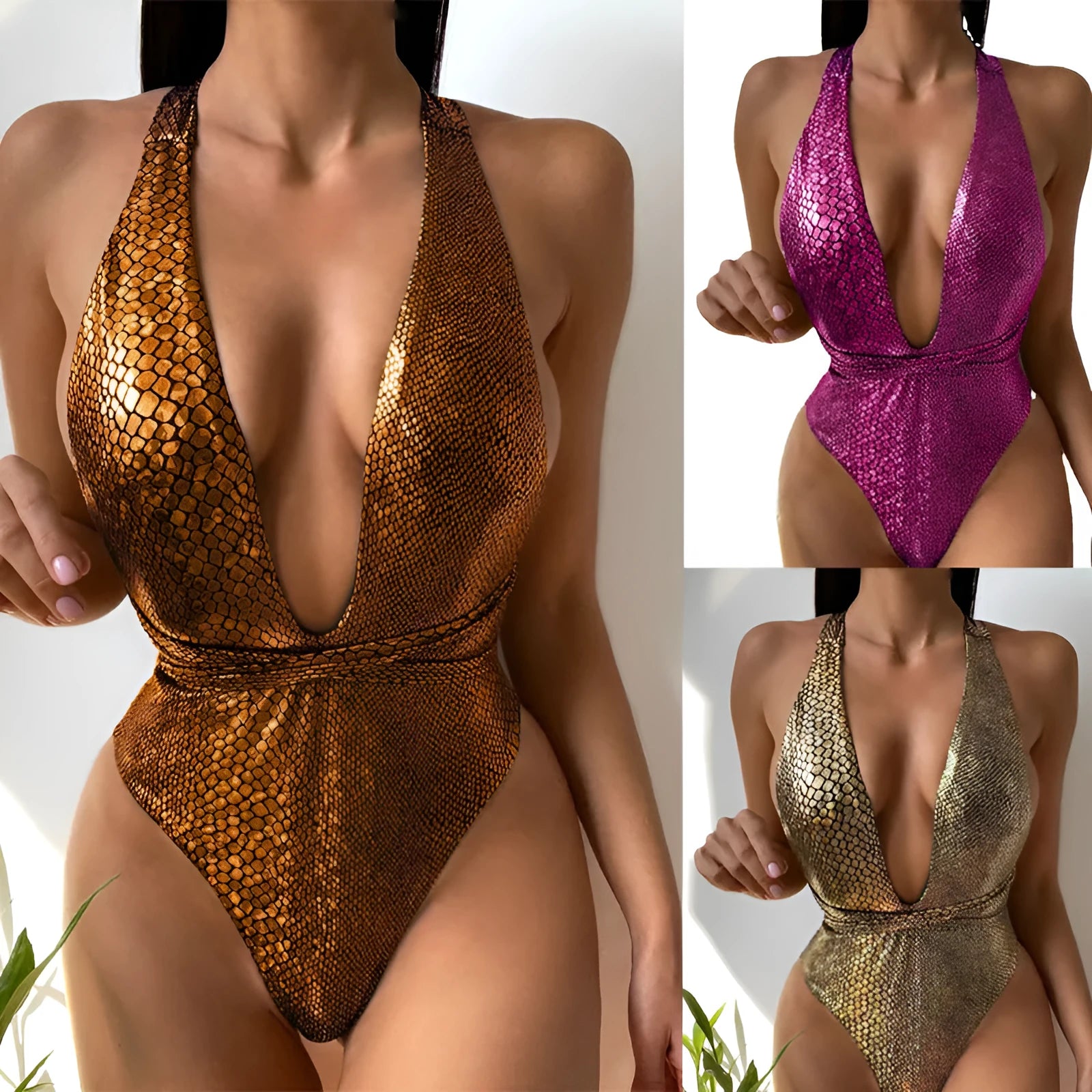 Women's solid colour sequin one-piece swimsuit in Rose Red, shown with other colour options.