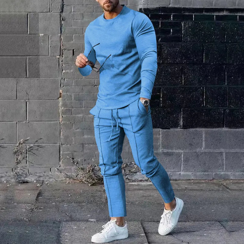 Men's light grey round neck long sleeve T-shirt and trousers two-piece polyester casual set