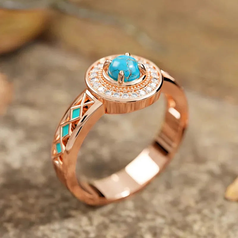 Women's geometric copper ring with turquoise ethnic style oil micro inlaid zircon treatment in rose gold colour