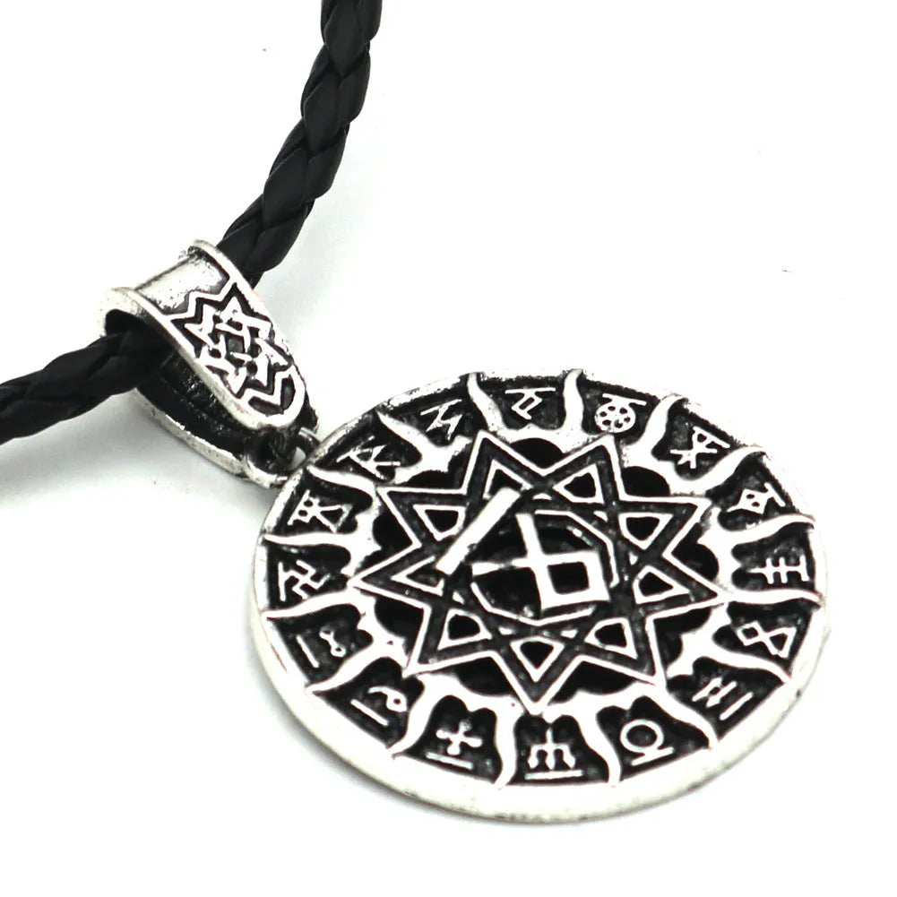 Lunavin ODing logo pendant necklace in antique silver with adjustable chain on grey background