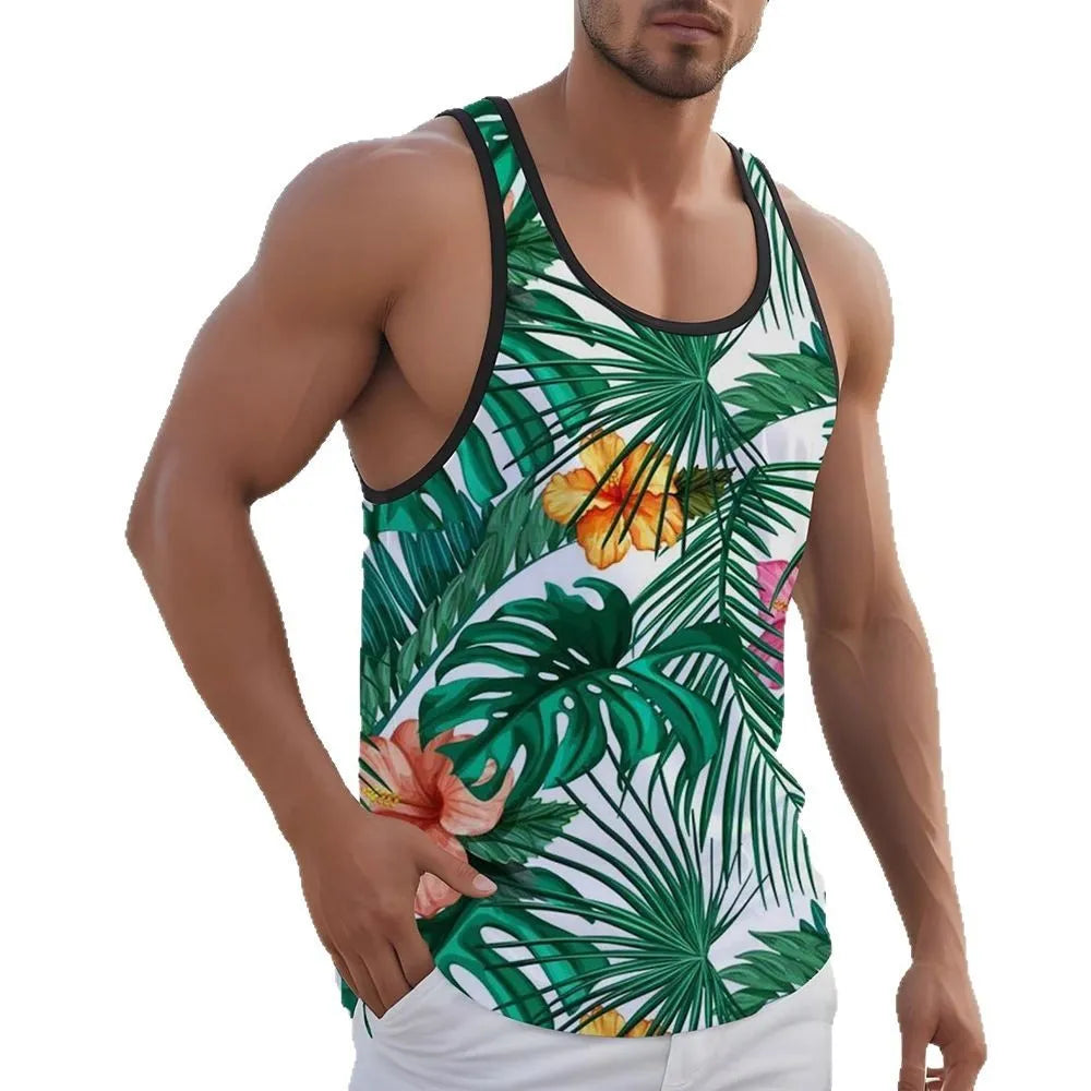 Men's Hawaiian style sleeveless tank top in polyester pinhole cloth showing solid colour option