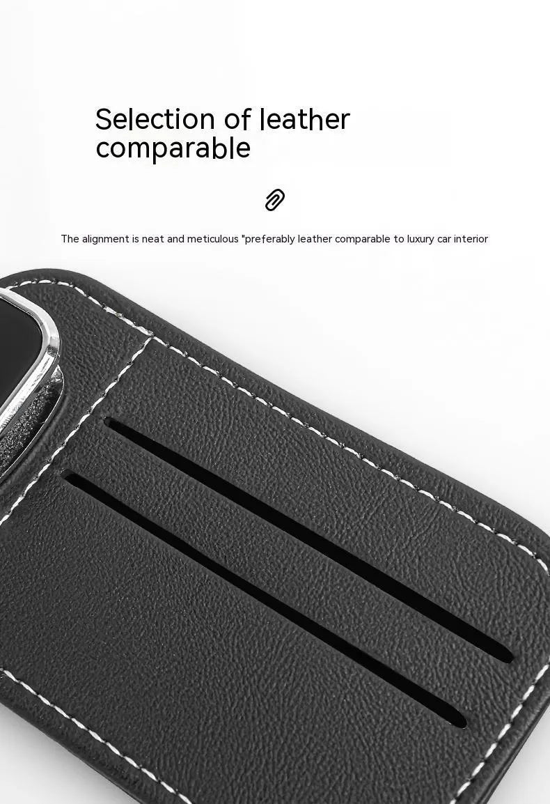 Cowhide leather card holder clipped onto a car sun visor in a choice of colours.