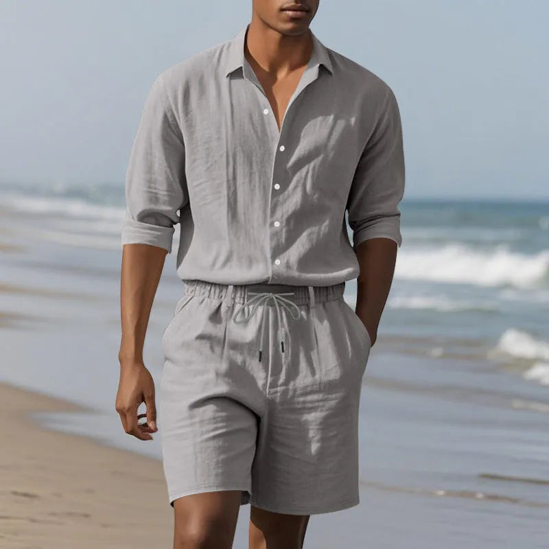 Men's linen shorts suit set showing long sleeve shirt and casual shorts in a light colour