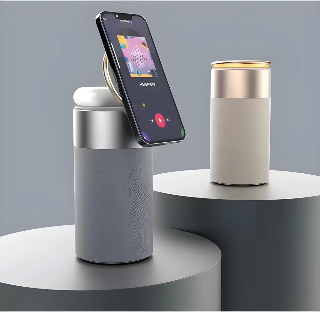3-in-1 wireless charger Bluetooth speaker touch lamp for iPhone and AirPods in Gold colour on desk