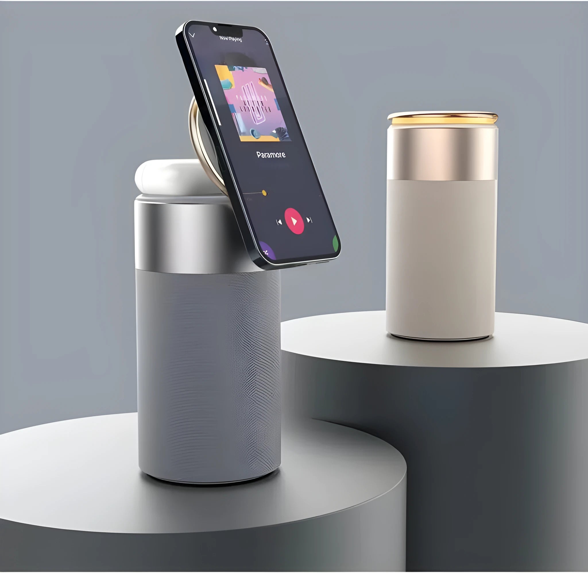 3-in-1 wireless charger Bluetooth speaker touch lamp for iPhone and AirPods in Gold colour on desk