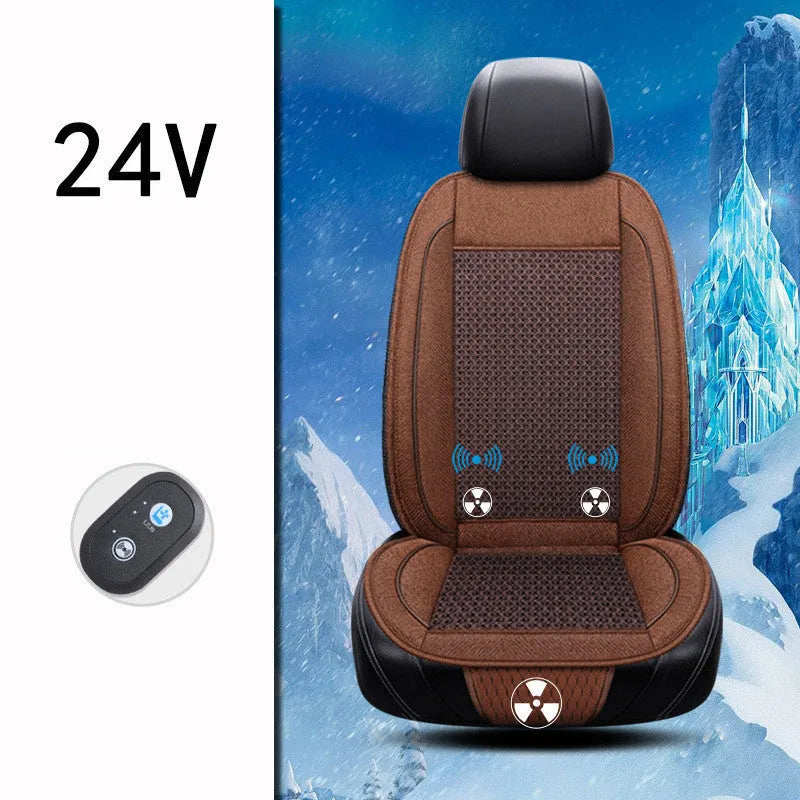 Black car ventilation seat cushion with massage function showing 60x60cm dimensions and power connection