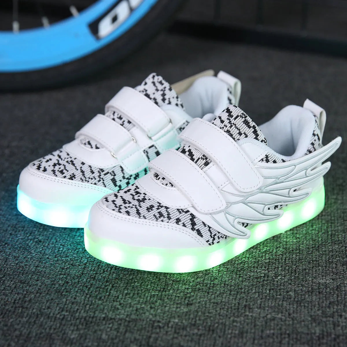 Children's plum red and white USB rechargeable LED light shoes with hidden colour switch