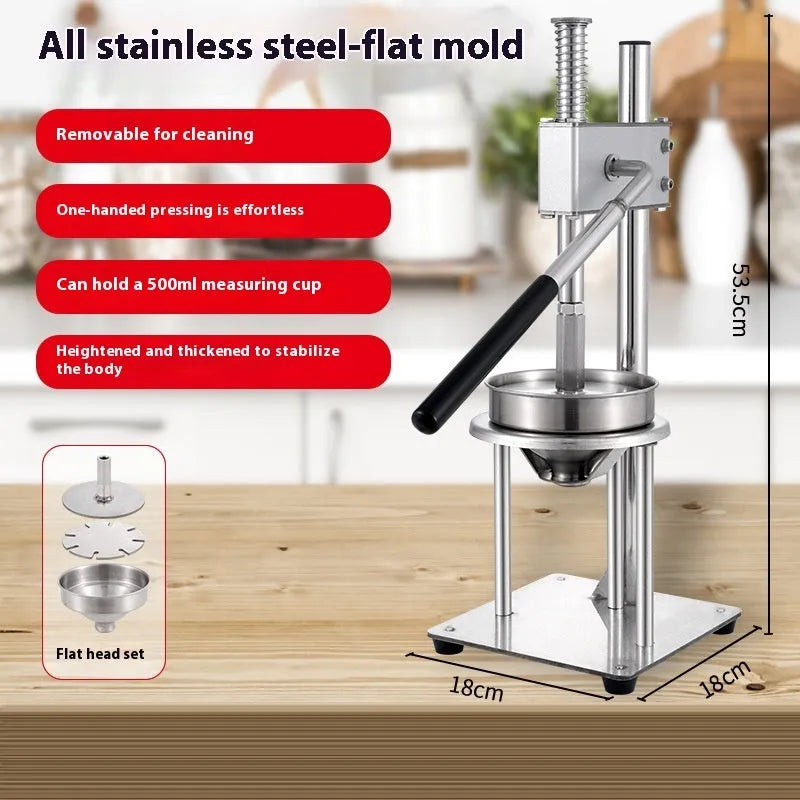 Stainless steel manual orange juice juicer on a counter, showing large cone and metal finish.