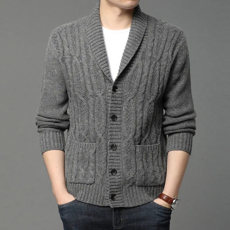 Men's Korean style jacquard knitted cardigan jacket in dark grey