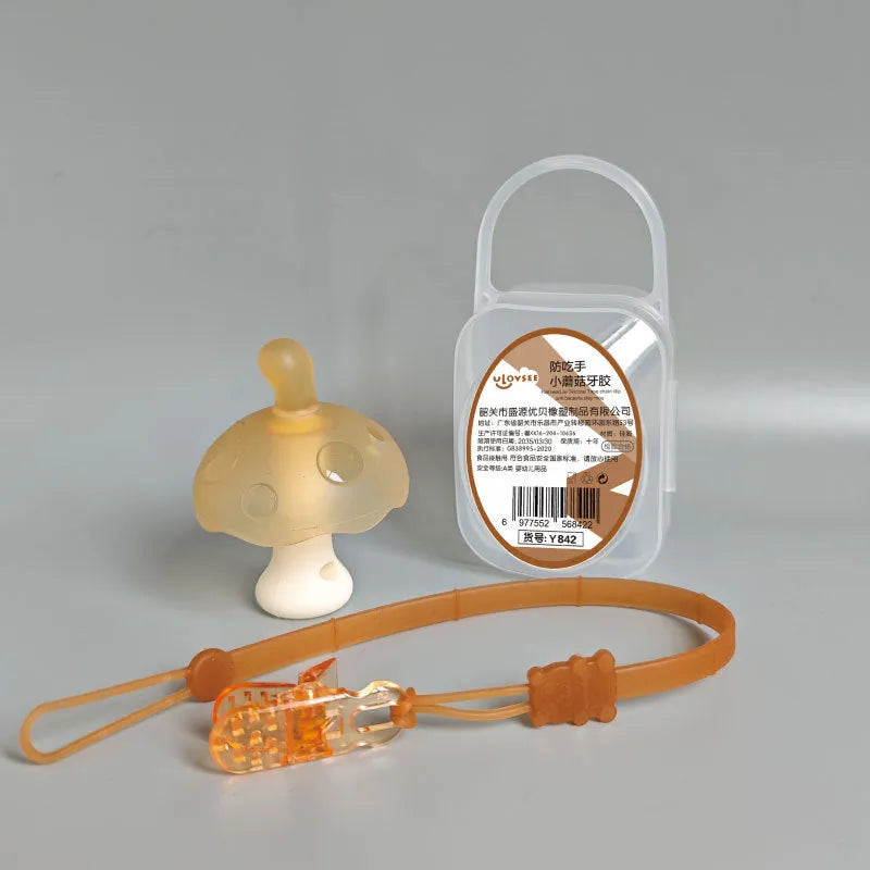 Small mushroom-shaped latex novelty gum in a transparent box with an optional nano chain attached.