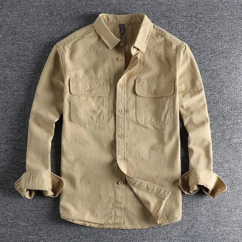 Men's loose fit long sleeve cardigan shirt in polyester, shown in light grey, black, khaki, or green.
